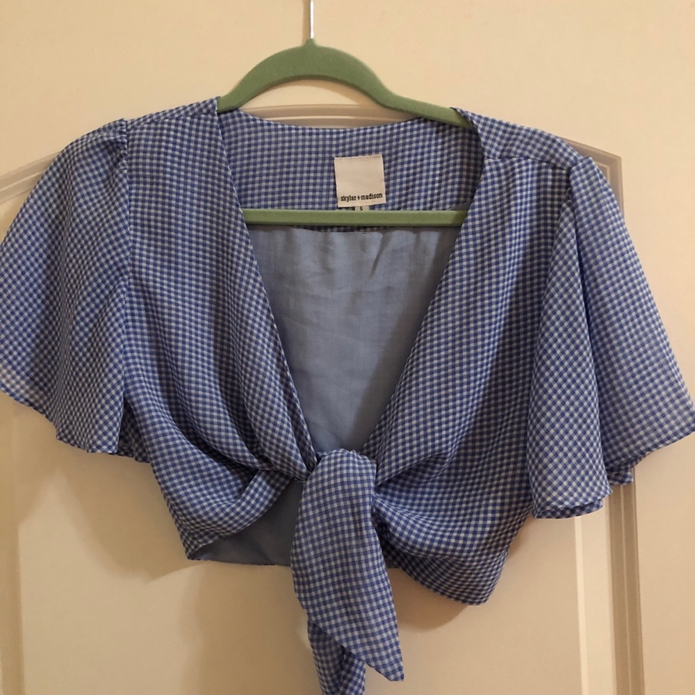 blue gingham print tie front crop top